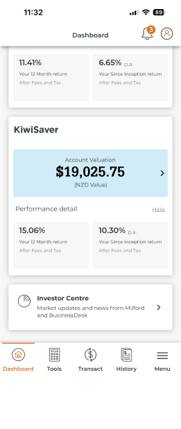 KiwiSaver Investment Balance in Milford app